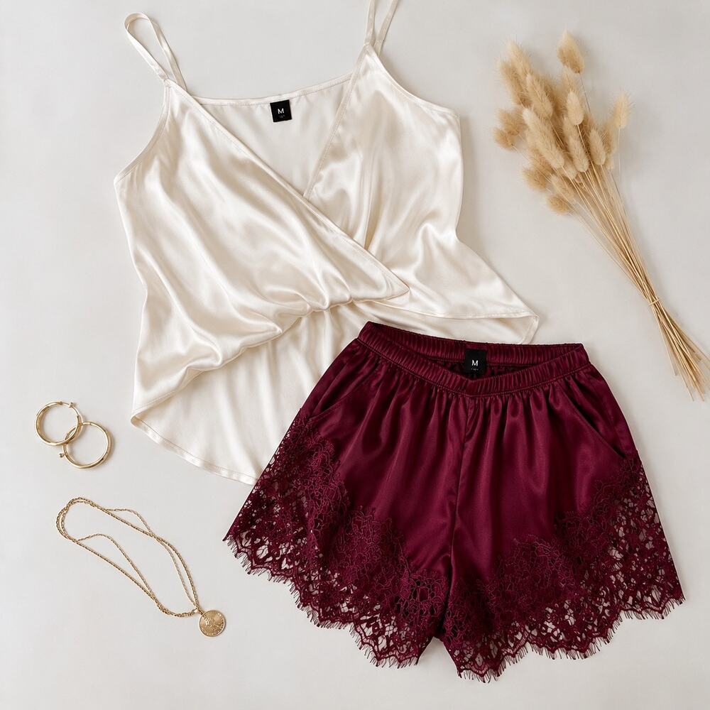 Boutique Satin Wrap Cami & Burgundy Lace Shorts Set Ivory wine  Women’s Medium 6